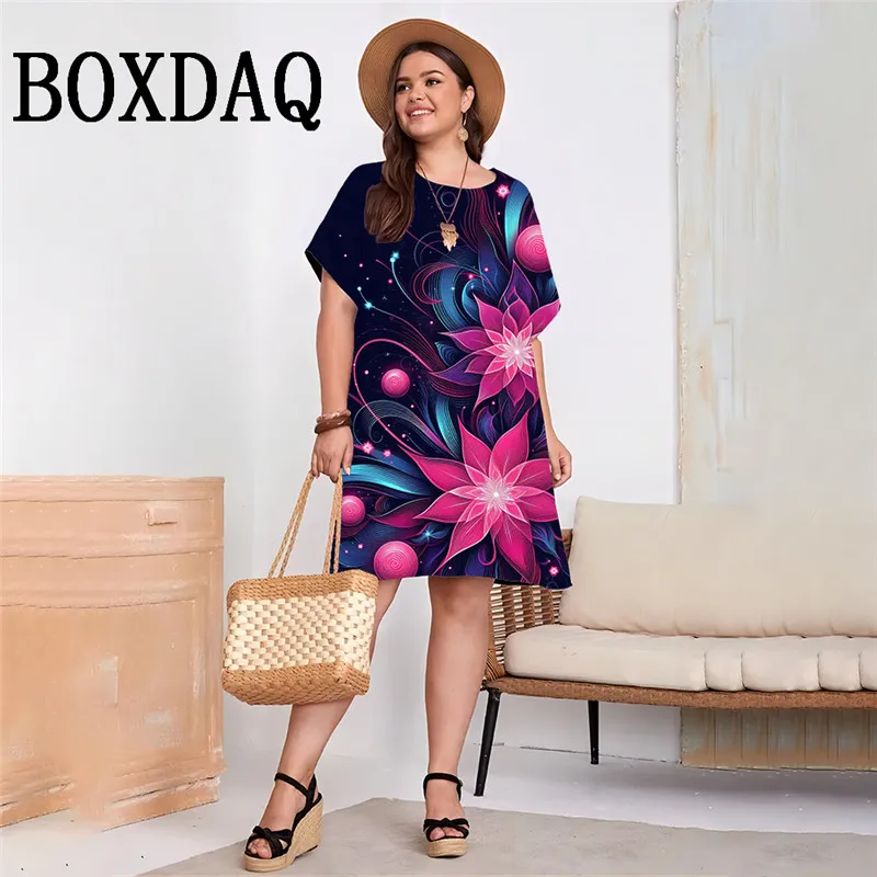 Big Size Women Dress Vintage Floral Print Loose Casual Streetwear Clothing Plus Size Summer New Short Sleeve O-Neck Ladies Dress