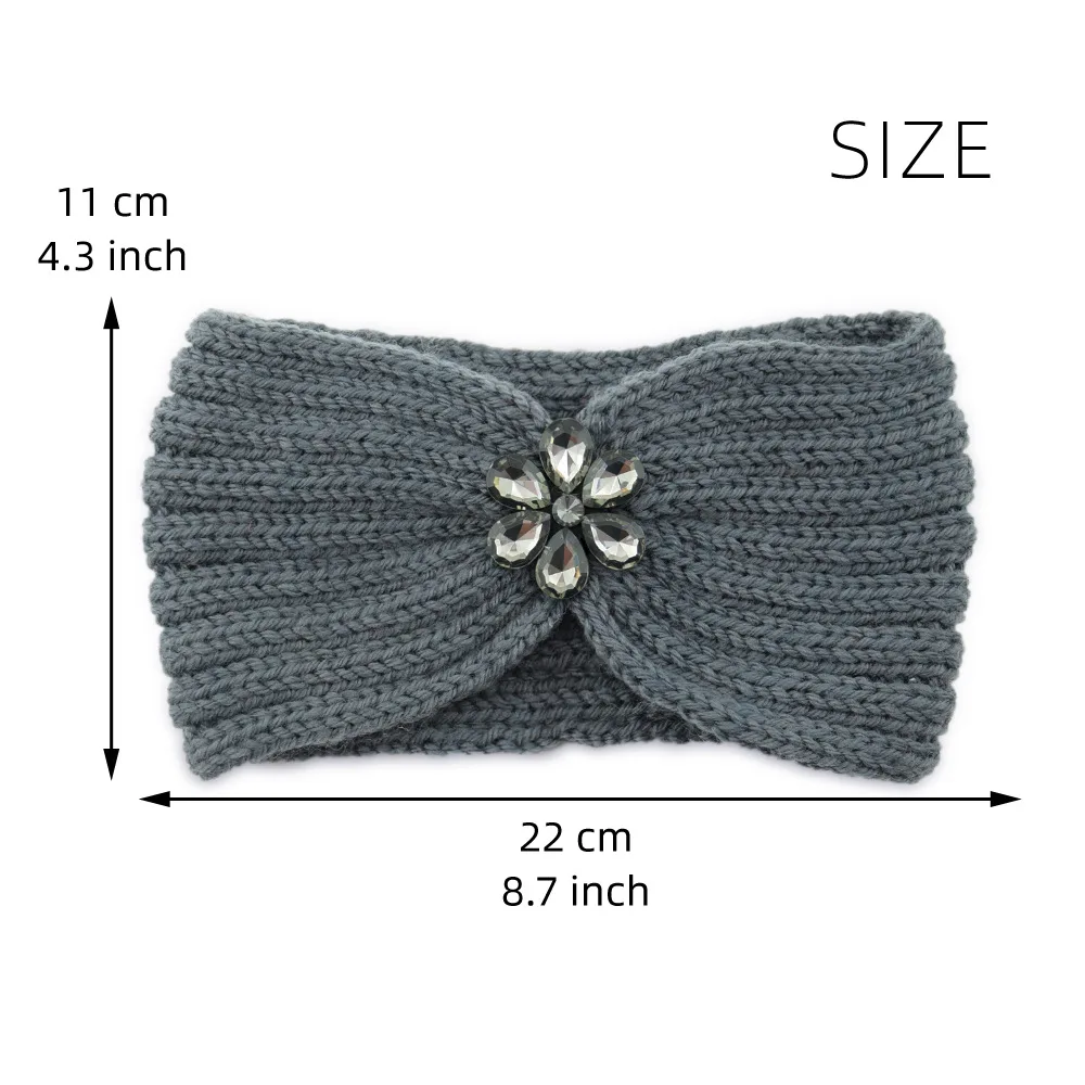 Elegant Rhinestone Flowers Knitted Headband Women Sports Yoga Elastic Hairbands Bandana Autumn Winter Ear Protection Headwrap