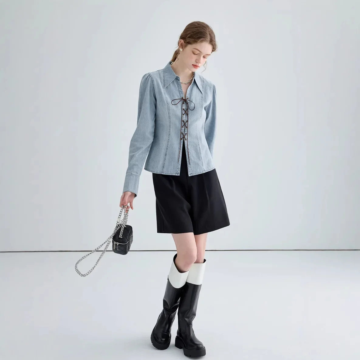 

Denim Shirts for Women Washed Blouse Outerwear Lace Up Turn Down Collar 2025 Pockets Coat Streetwear Female Overshirt Tops