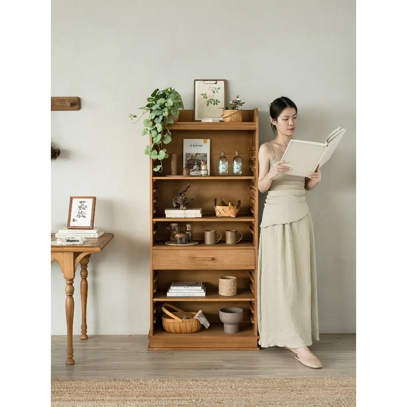 Log floor-to-ceiling display cabinet Multi-layer storage cabinet Living room study locker Movable solid wood furniture cabinet