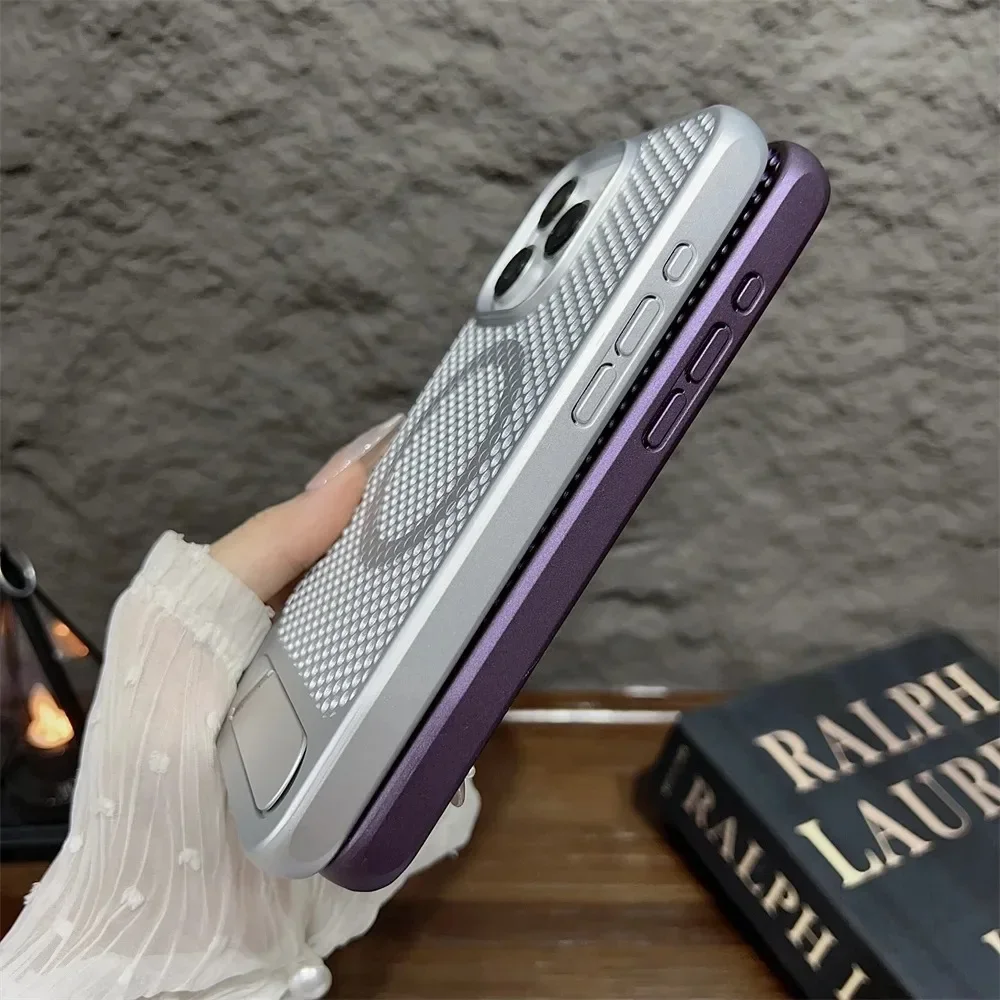 Luxury Matte Magnetic Phone Case for IPhone 15 14 13 12 11 Pro Max Plus Stand Heat Dissipation Hollow Stand Cover
