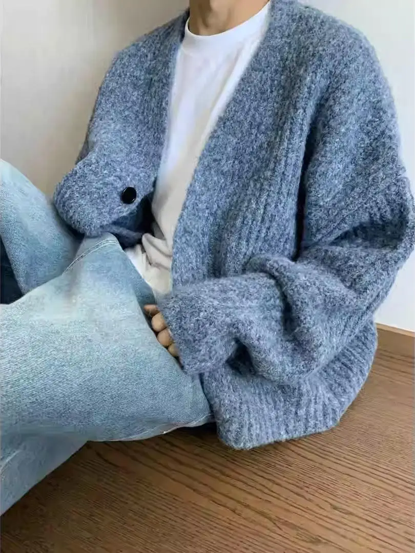 

Autumn Winter American Retro Loose Heavyweight Mixed Color ort Wide Knit Cardigan Sweater Men's INS Faion Urban Sle V-n...