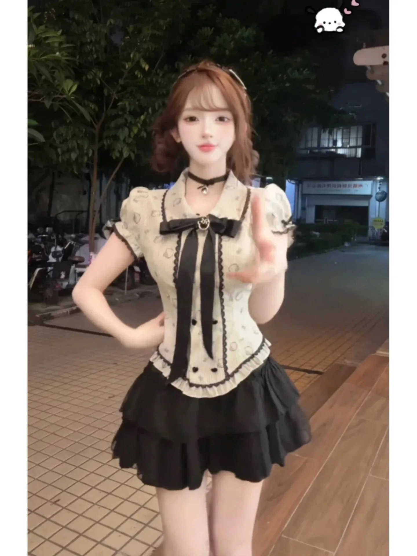 

Sweet And Spicy Preppy Style Two-Piece Set Women Summer Fluffy Short Skirt Collared Top Millennium Fashion Ensemble