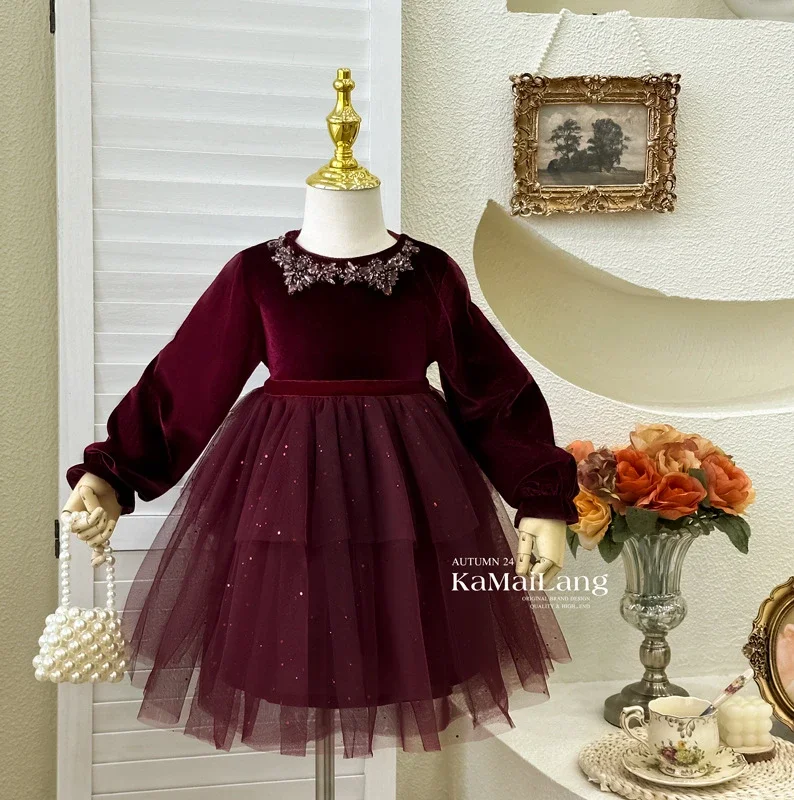 Girls Dress 2024 Autumn New Red Velvet Baby Girl Birthday Party Dress Crystal Elegant Princess Dress