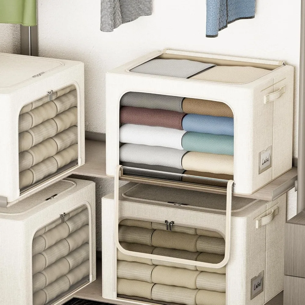 صناديق تخزين قماشية قابلة للطي بإطار معدني - صناديق تنظيم قابلة للتكديس سعة 22 لترًا مع أغطية للملابس وحلول تخزين المنزل