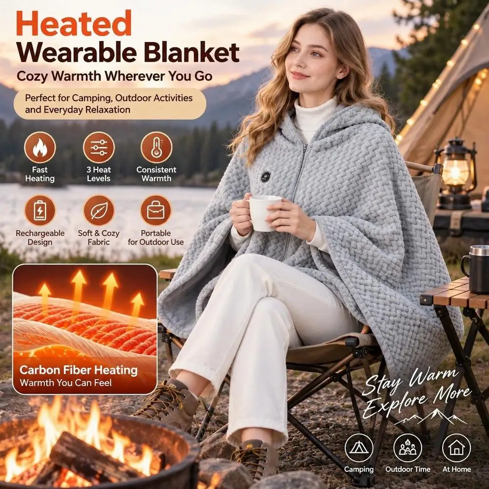 Heated Warming Blanket Shawl Three Gears With Hood Zipper Winter For Home Office Outdoor Camping Keep Warm Blanket