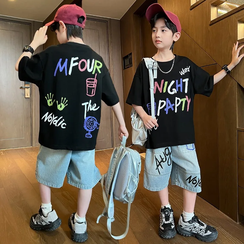 Boys 2pcs Summer Streetwear Outfits Pure Cotton Tie Dye O-neck T-shirt And Denim Pants Set 5-13 Years Kids Fashion Clothing
