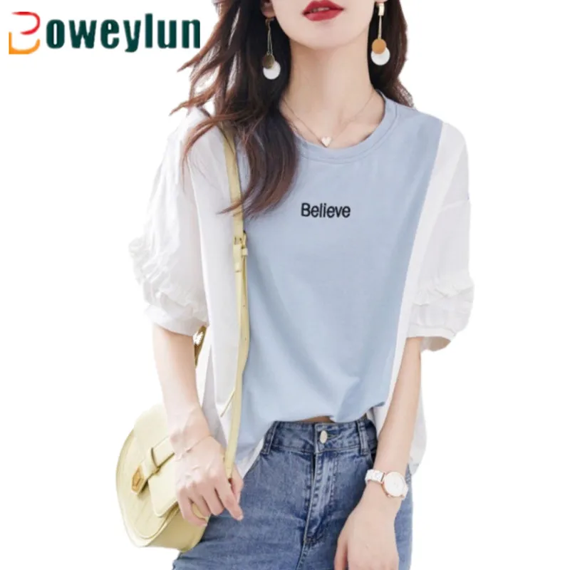 

Boweylun Colour Blocking Casual Round Neck Short Sleeve T-shirt Women Summer Bubble Sleeve Tops Women