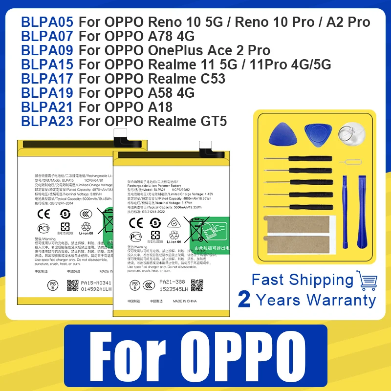

BLPA05 BLPA15 BLPA21 BLPA23 BLPA17 BLPA19 BLPA07 BLPA09 Battery For OPPO OnePlus Reno Realme A18 A78 10 11 C53 A58 GT5 Pro