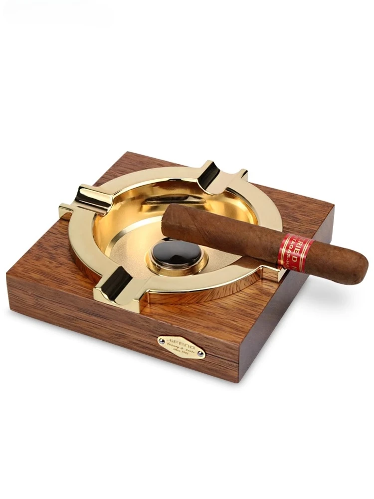 High-End Cigar Ashtray Metal Large Double Slot Solid Wood Ashtray Creative Personalized Cigar Ash Holder