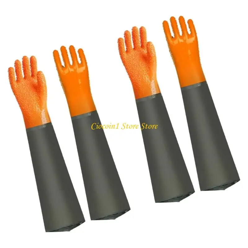 A3PC 2 Pair 70cm Extended Length PVC Work Gloves With Fleece Inner Layer Waterproof Abrasion Resistant for Marine Activities