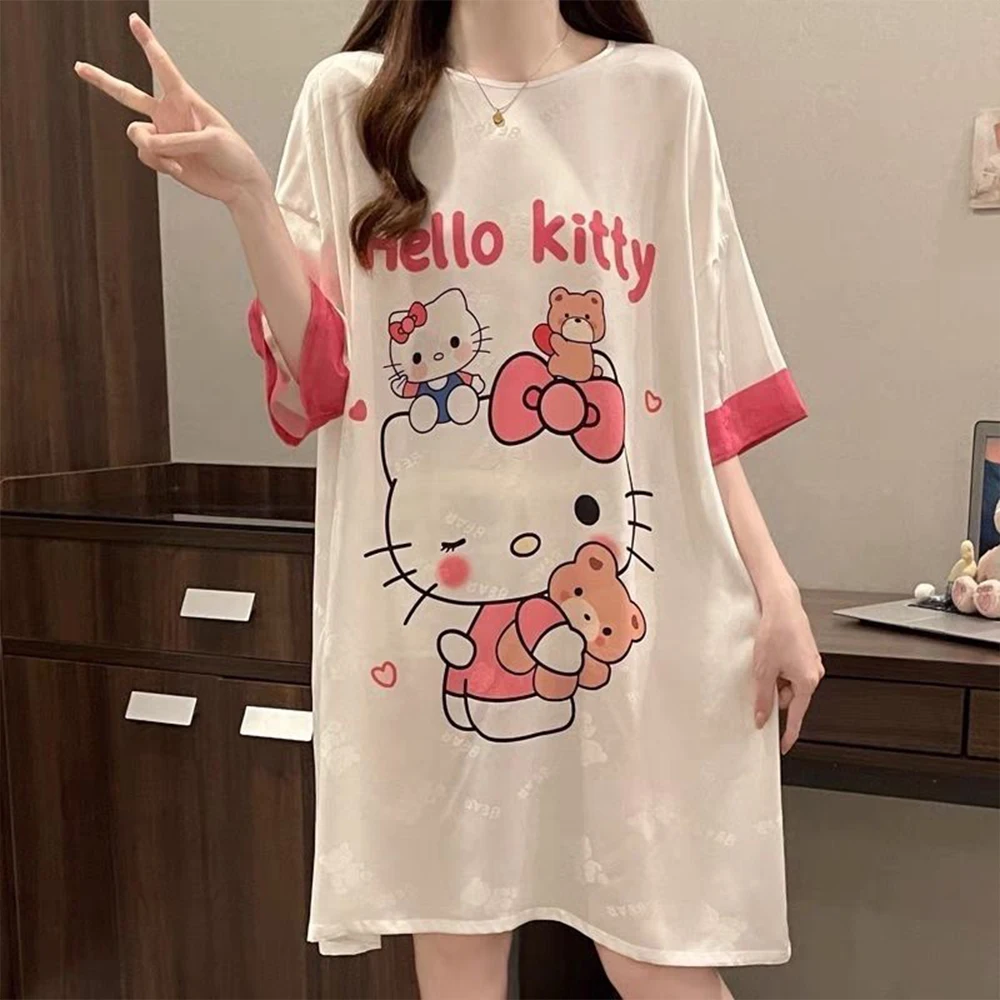 

Sanrio Hello Kitty Nightgown Short Sleeved Sleepwear Long Skirt Sleepwear Ice Silk Sleepwear Dress Women's Summer Home Wear 2025
