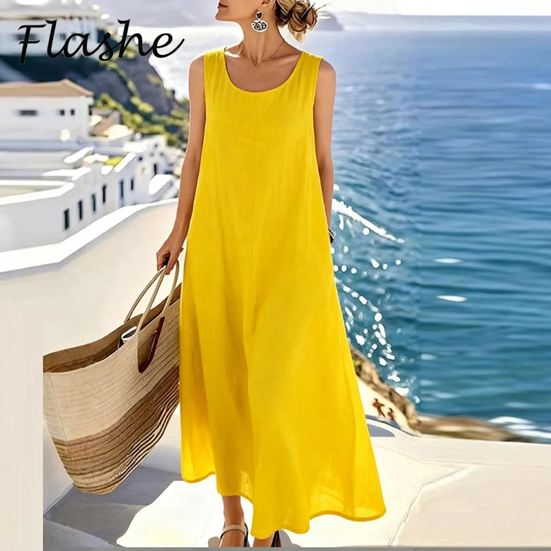 Elegantes Ärmelloses Langes Kleid Damen Casual O-Ausschnitt Einfarbig Strand Urlaub Kleid Damen Sommer Lockeres Maxikleid Boho