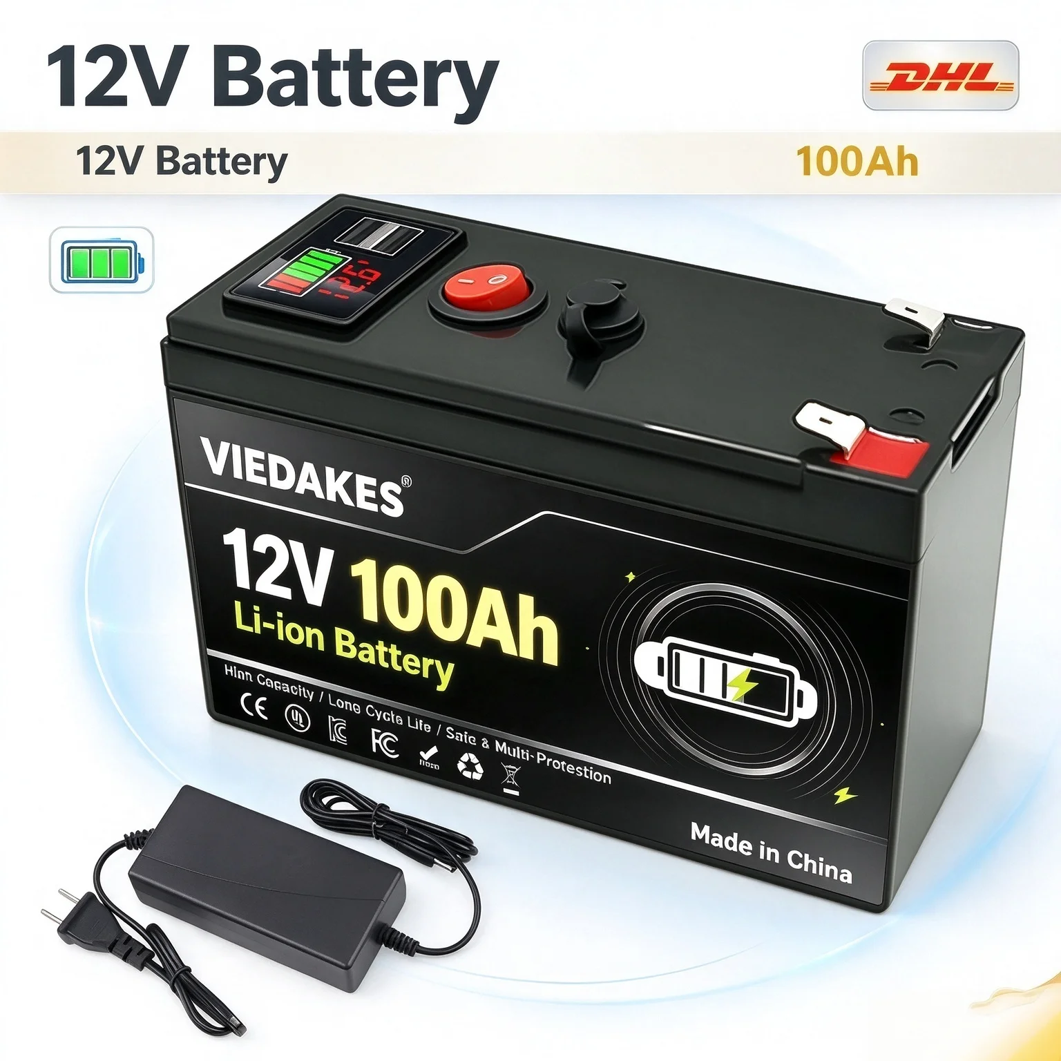 12V 100Ah 21700 Li-ion Battery Pack With USB Power Display BMS For Sprayer Solar Storage Camping Backup Power,6000+ deep cycles