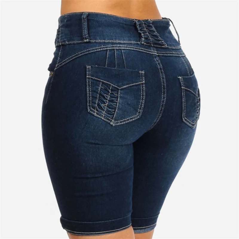 

Summer Fashion Versatile Cuffed Shorts European and American Slim-fit Pocket Slimming Solid Color Jeans
