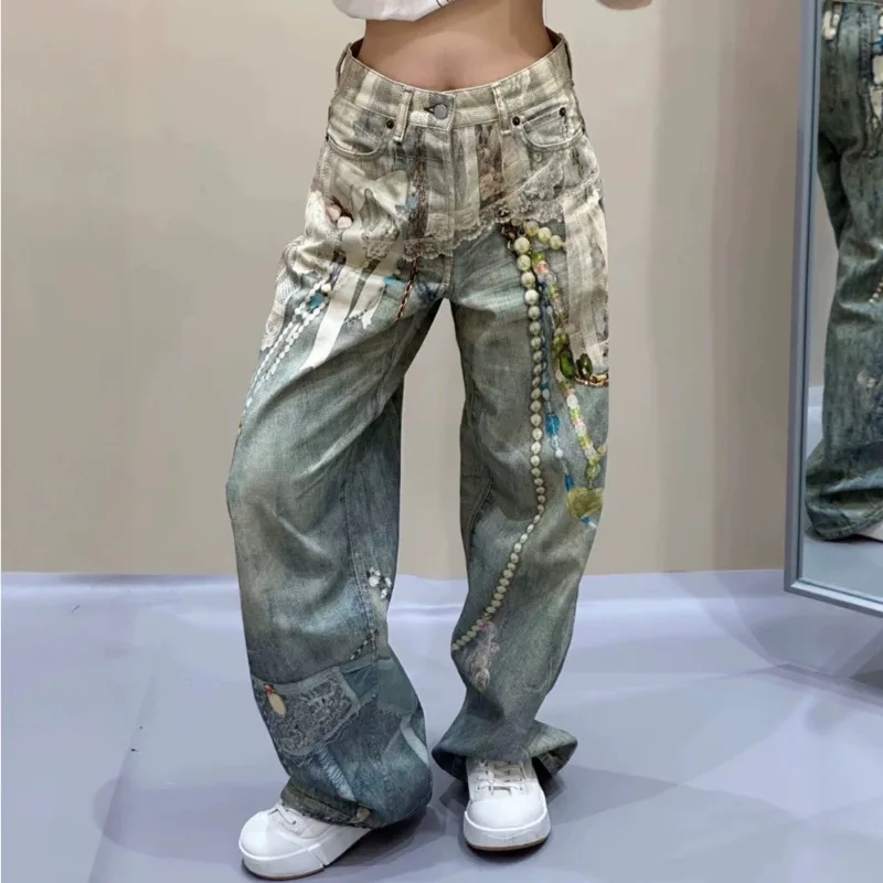 

Джинсы с принтом, кружевом и жемчужной цепочкой, винтажные, модные, свободного кроя, унисекс, прямые, повседневные