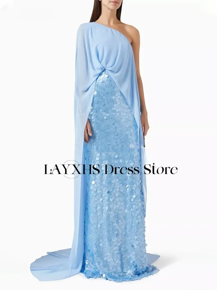 LAYXHS Sukienki wieczorowe na jedno ramię, niebieskie cekiny, peleryna, sukienki damskie na studniówkę, szyte na miarę فستان سهرة نسائي