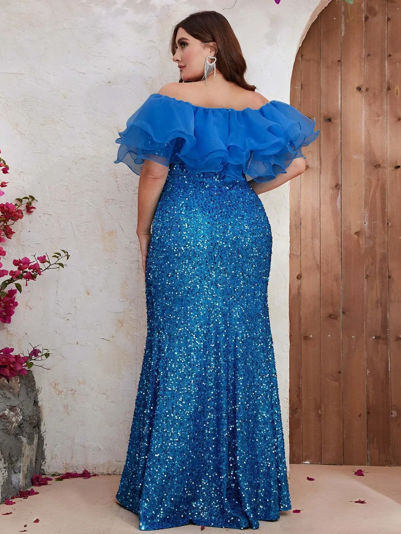 Plus Size Women Party Dresses New Fashion Strapless Mesh Splicing Elegant Sequin Wedding Dresses Large Female Evening Long Dress