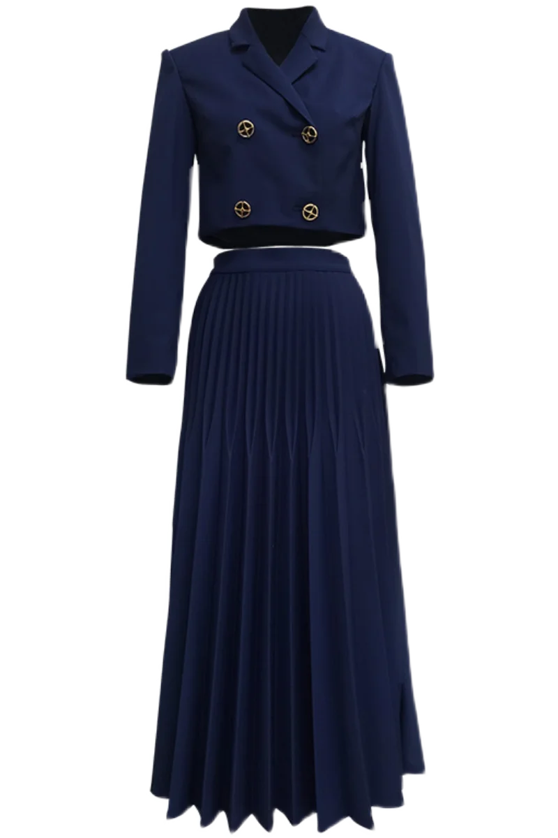 

Женский костюм-двойка лазурно-синего цвета: топ с юбкой-зонтиком и длинными рукавами, укороченный, прямого кроя, в деловом стиле