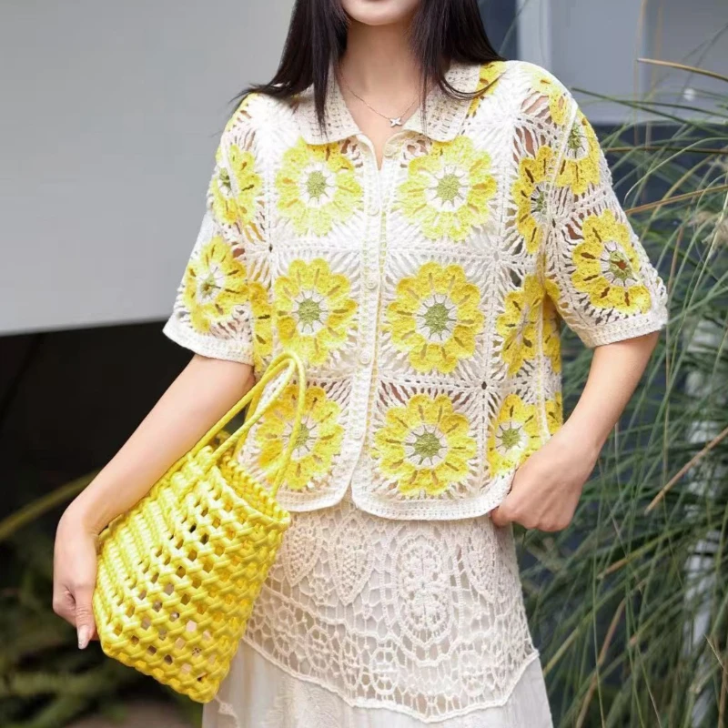 Granny Square Crochet Knit Polo Shirt Short Sleeve Polo-neck Open-knit Blouse Jacket Summer Tops Women Bohemian Vacation Outfit