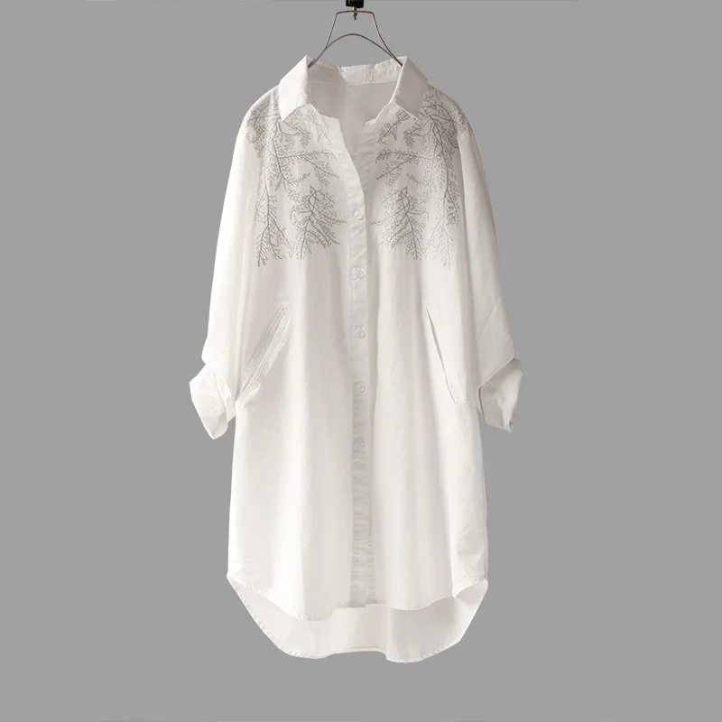 

Cotton 100% Long White Women Shirts Summer New 2024 Embroidery Loose Casual All Match Female Outwear Coats Tops