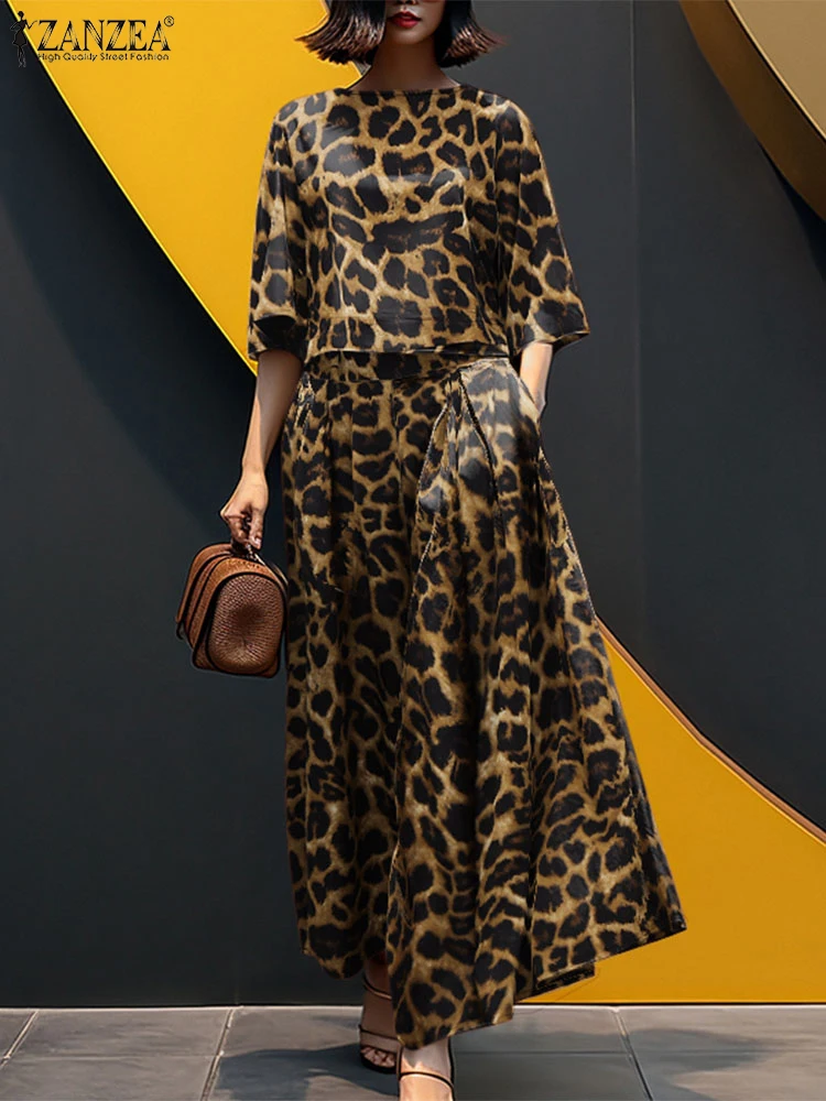 2点セット ヴィンテージ レディース マッチングセット レオパード柄 セットアップ 秋 パンツスーツ ZANZEA カジュアル Oネック 七分袖 ブラウス パンツセット