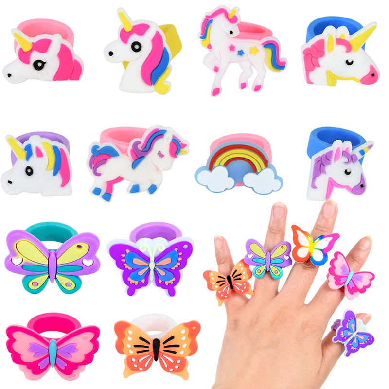 10/6Pcs Rainbow Unicorn Ring For Girls Cartoon Butterfly Finger Jewelry Rings Kids Makeup Toys Birthday Party Favors Gifts Prize