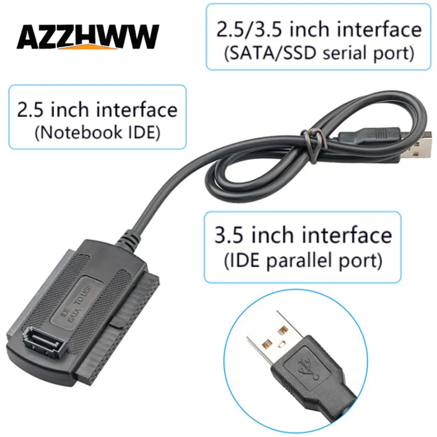 USB to SATA IDE Cable Adapter  3-IN-1 USB 2.0 to 2.5/3.5/5.25 inch IDE SATA to USB Converter Cable for CR-ROM DVD-ROM/RW CD-RW
