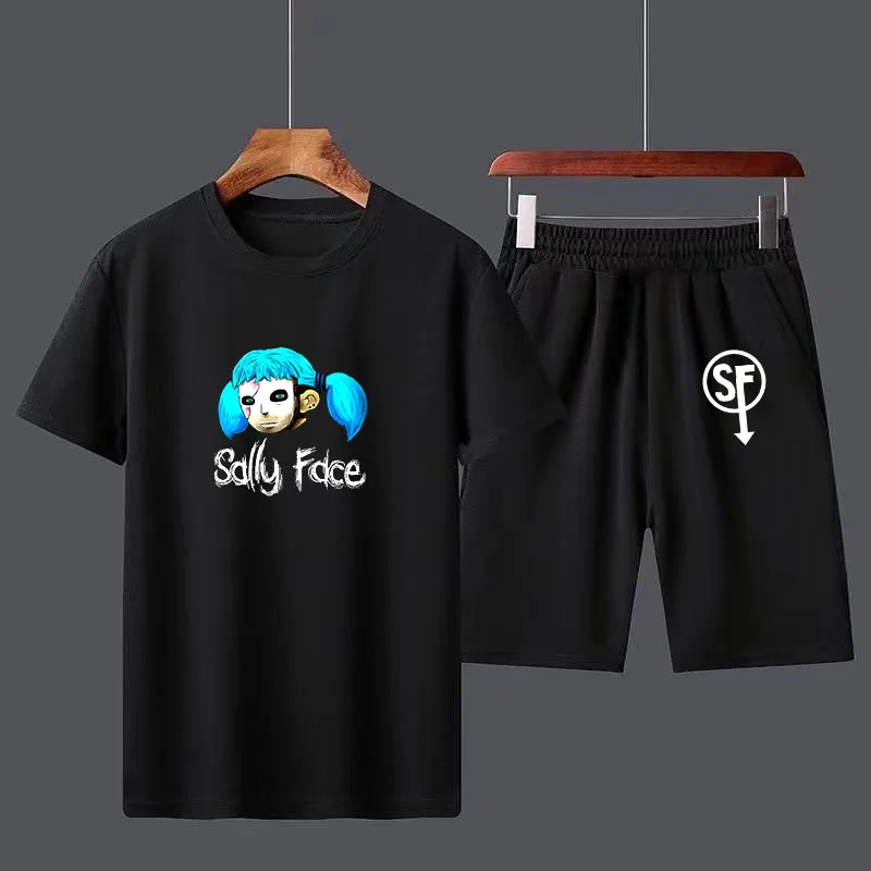 Hot Sally Face Cotton Men's T Shirt Set Boys Male Casual Short Sleeve Top Pants Suits Streetwear Tops Tshirts