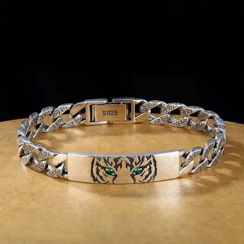 Majestic simple charm Tiger Totem S925 sterling silver bracelet Cuban Link hand carved men's and women's punk bracelets