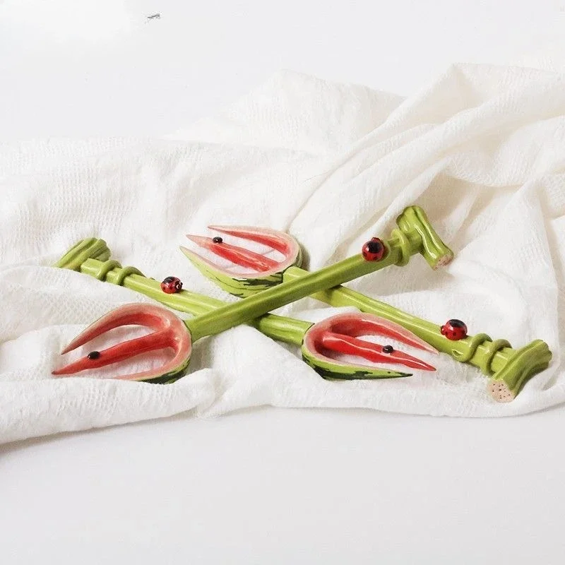 Fork fruit watermelon, noodles are cute and fresh, underglaze color is funny, personal use