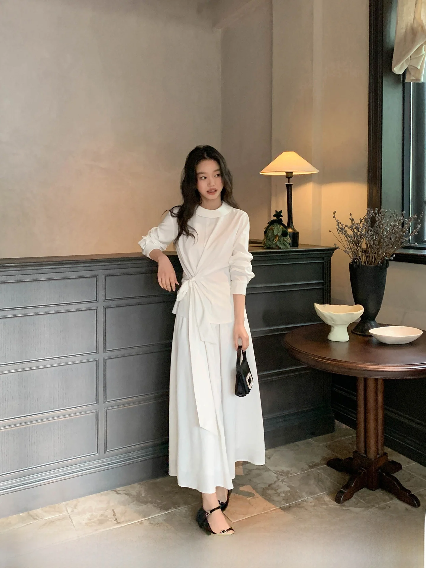 

Ele White Asymmetrical irt Skirt Set Women's Faion Spring Collection Loose Fit French Sle Long Sve Casual Wear