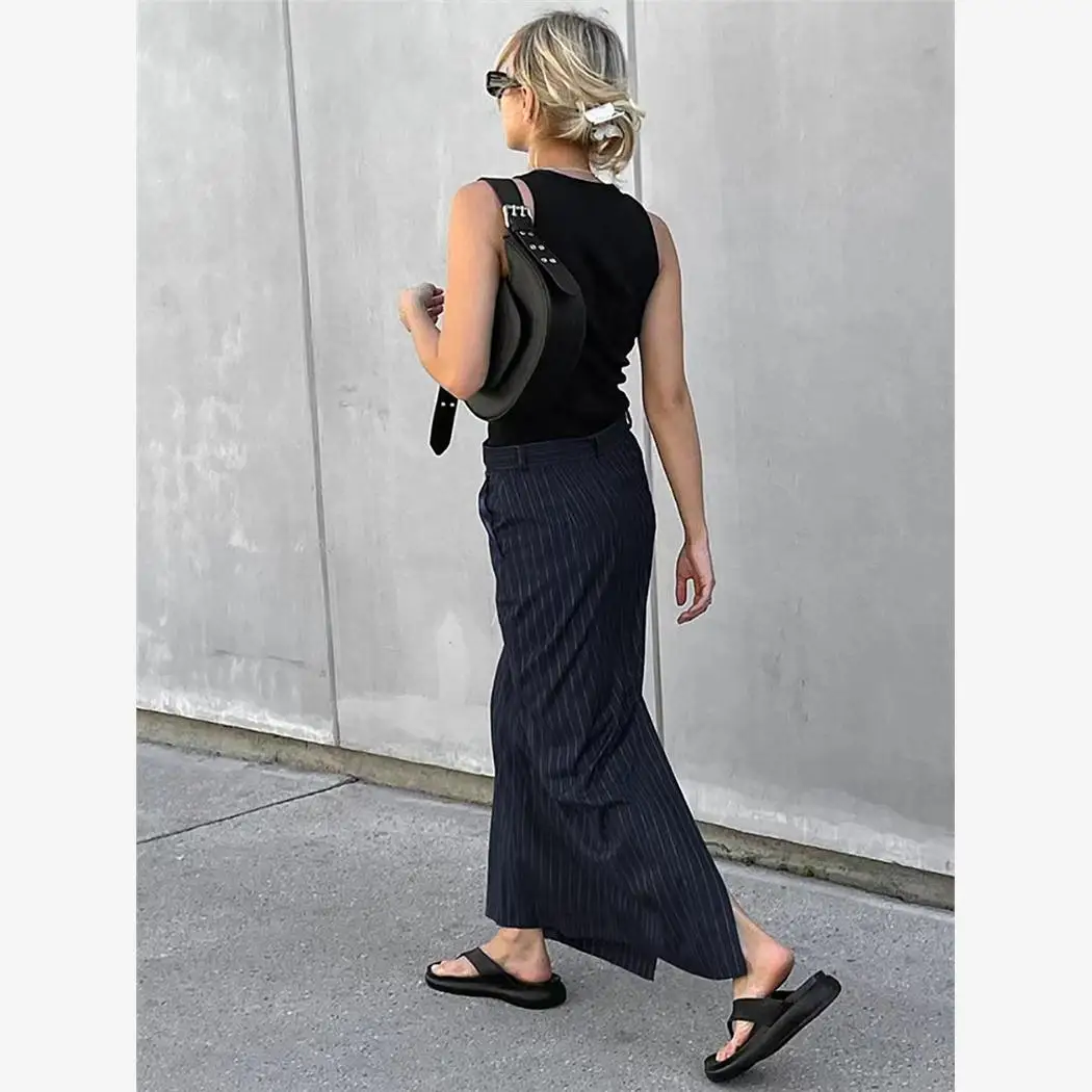 Cintura alta listrado split corte reto midi saia fadable fino ajuste saias femininas primavera 2024 coleção ele saia longa