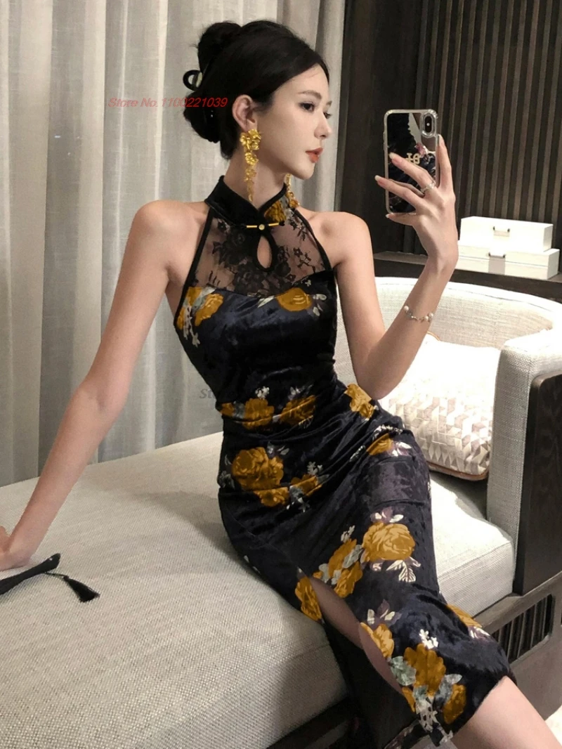 

2025 chinese sexy dress improved velvet cheongsam flower print sleeveless dress qipao nightclub banquet evening dress qipao
