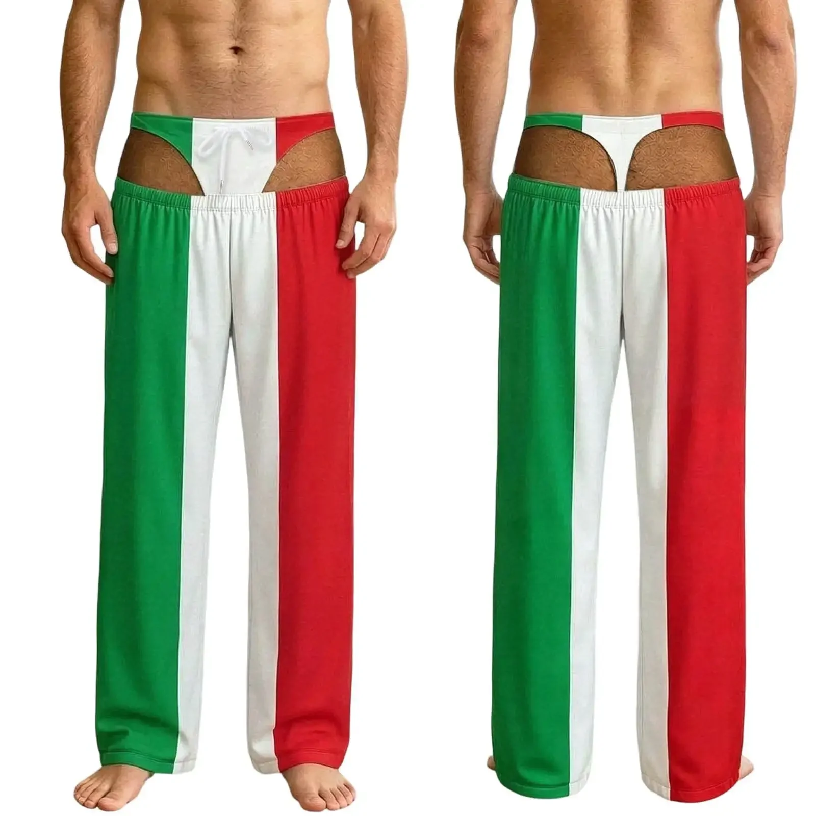 Mens Funny USA Flag Wide Leg Pants Fake Thong Cutout Design Novelty Bachelor Party Costume Casual Lounge Sleep Trousers