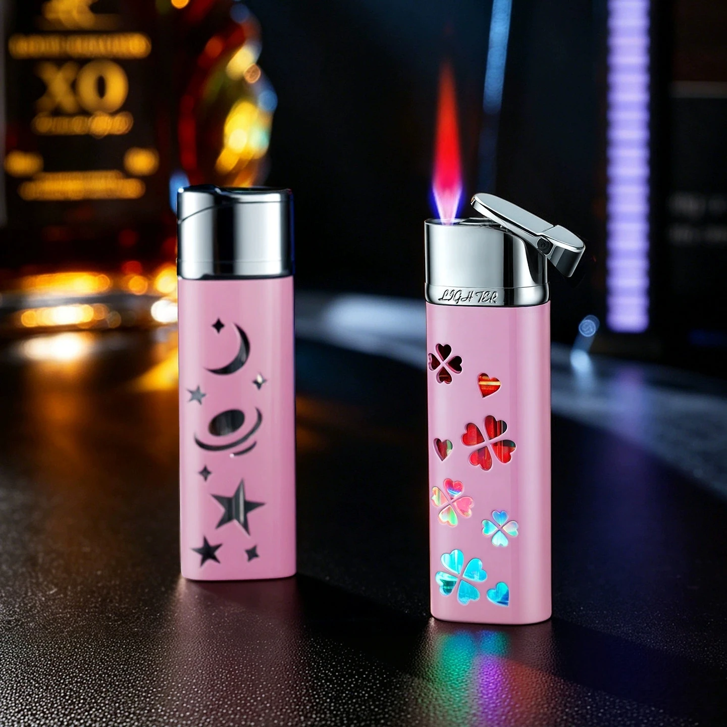 Creative windproof hollow out dazzling seven color lighter, inflatable straight forward red flame outdoor lighter gift