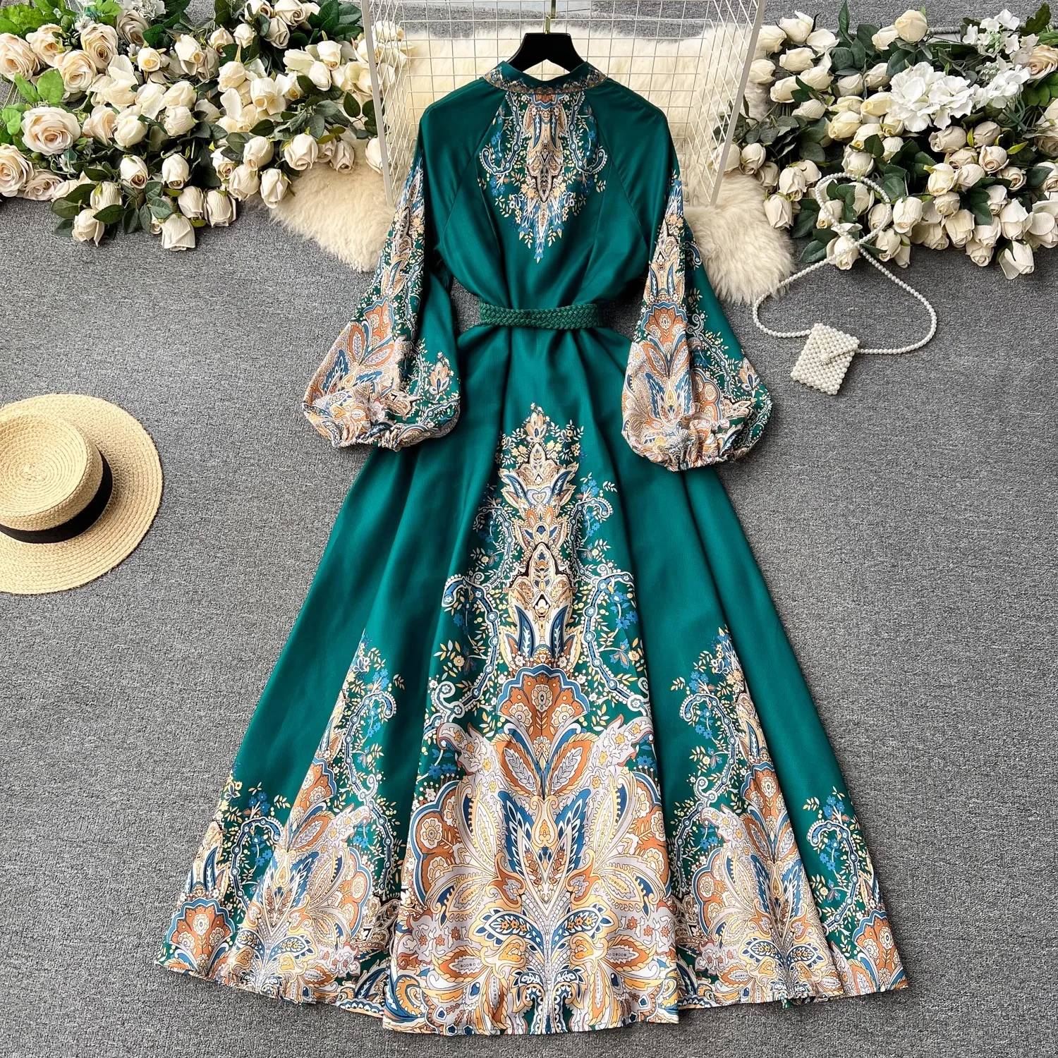 Spring Autumn Vintage Print Long Robe Women Stand Neck Puff Sleeve Elegant Dress Single Breasted Lace Up Belt Pleated Maxi Dress