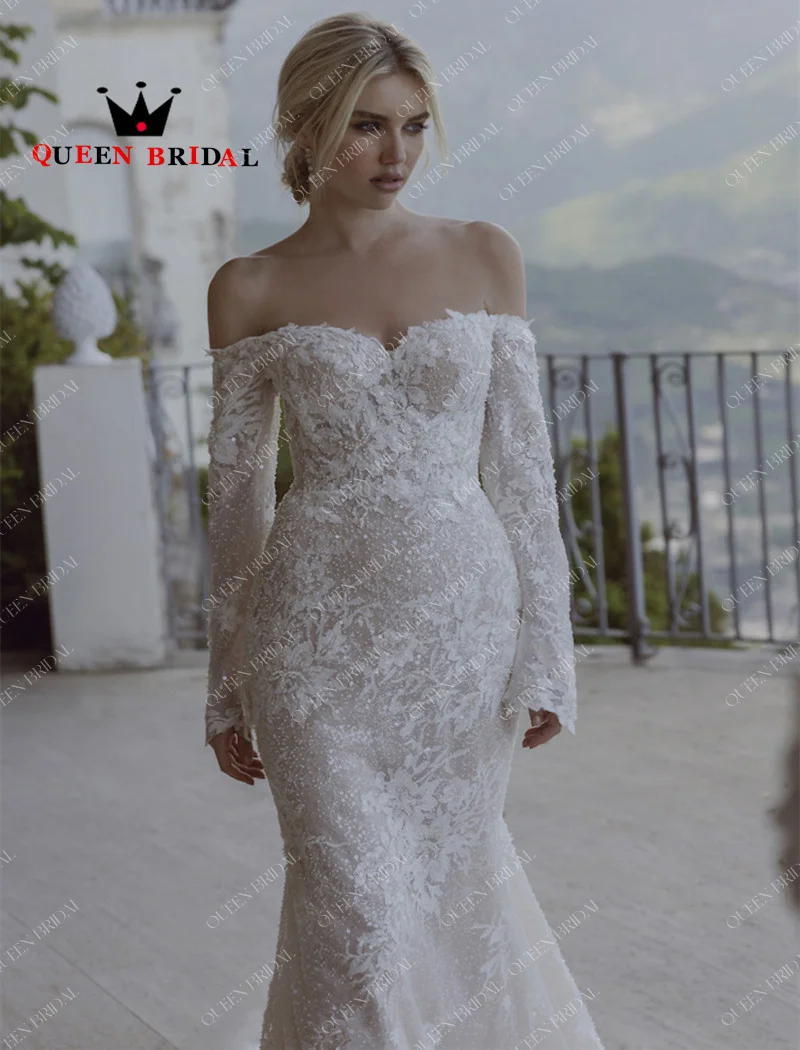 Suknia ślubna syrenka z długim rękawem 2024 Off Shoulder Sweetheart aplikacje koronkowe cekinami suknia Birdal Vestidos De Novia niestandardowe Y15X