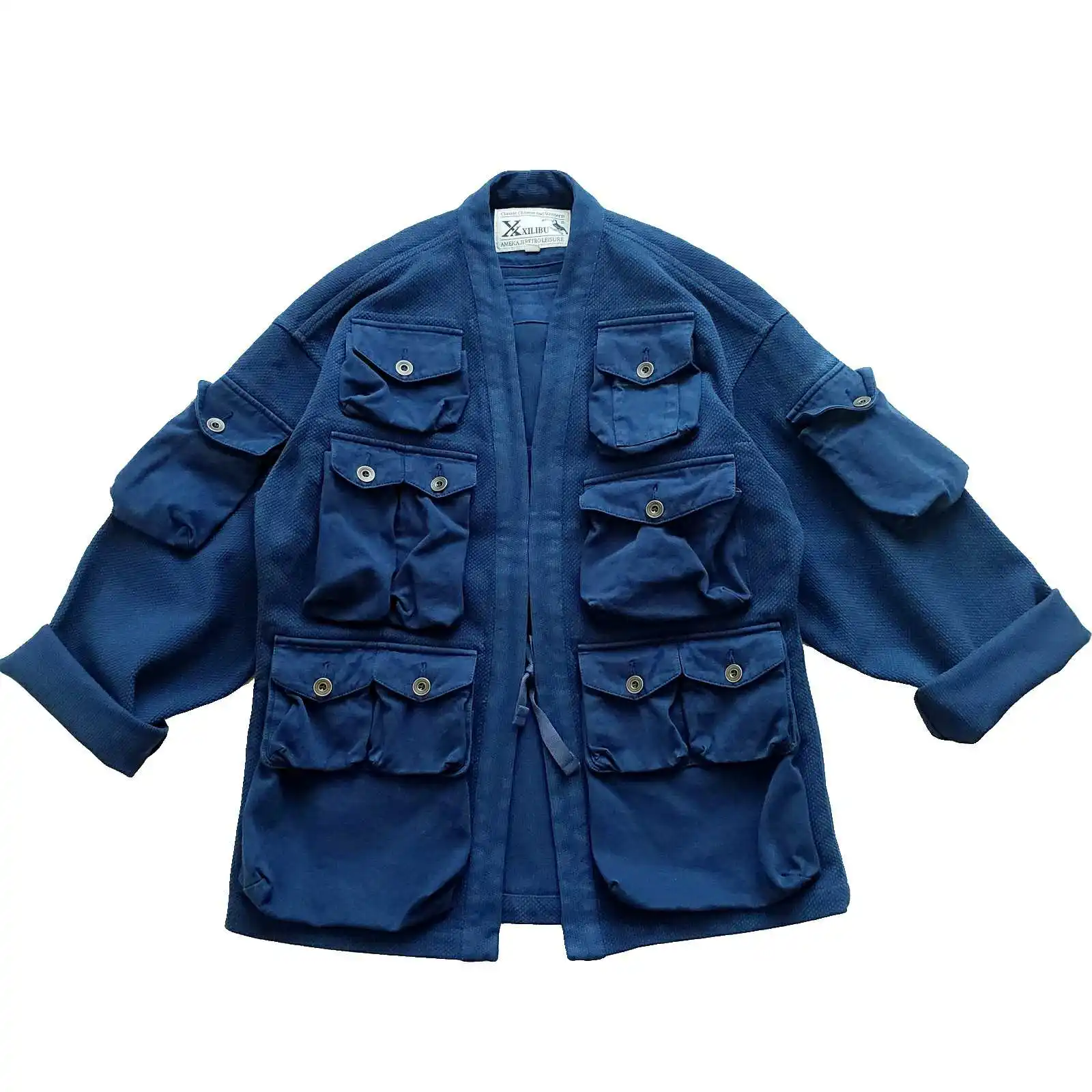 

Men's Hanten Jacket Multi-pockets Thick Blue Kimono Japanese Style Casual Chic Spring Autumn Streetwear Vintage Clothes