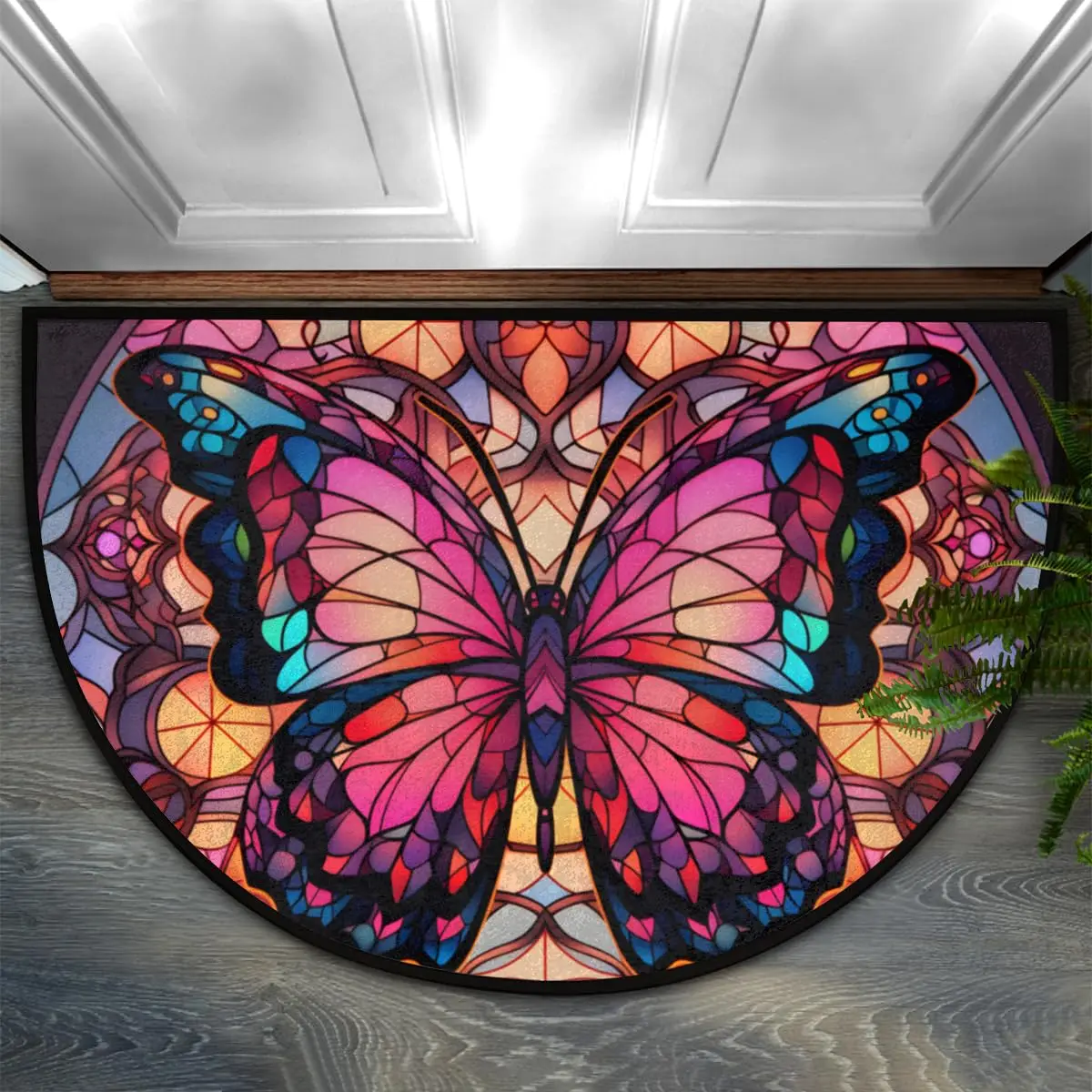 VIKAMA Half Round Door Rug Butterfly Glass Window Intdoor Entrance Non-Slip Welcome Mat for Outdoor Semi Circle Bathroom Floor