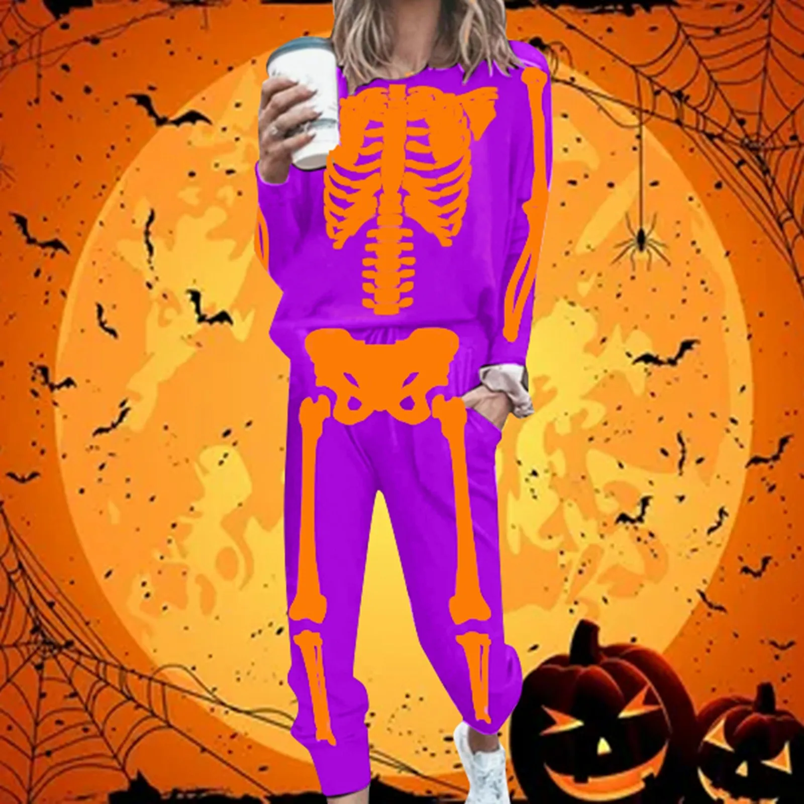 

Женская мода Хэллоуин тема страшный Скелет принт длинный рукав круглый вырез свободные брюки с карманами Спортивный Повседневный комплект из двух частей