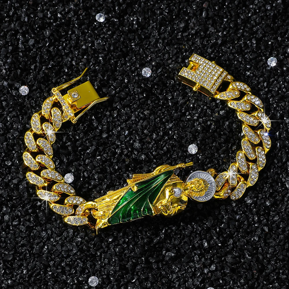 New Men Hip Hop Bling lced Out Crystal Miami Cuban Link Bracelet For Women San Judas St. Jude Taddeo Bracelets Religious Jewelry
