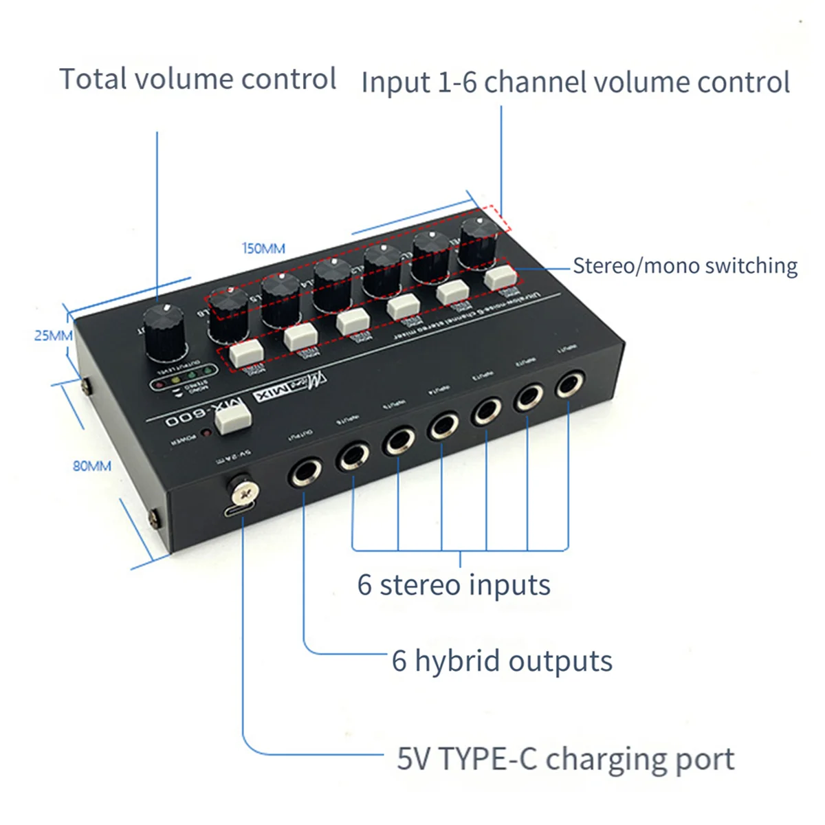 Preamplificador de Micrófono MX600, mezclador de línea de 6 canales, Ultra bajo ruido, estéreo, interruptor de una sola pista