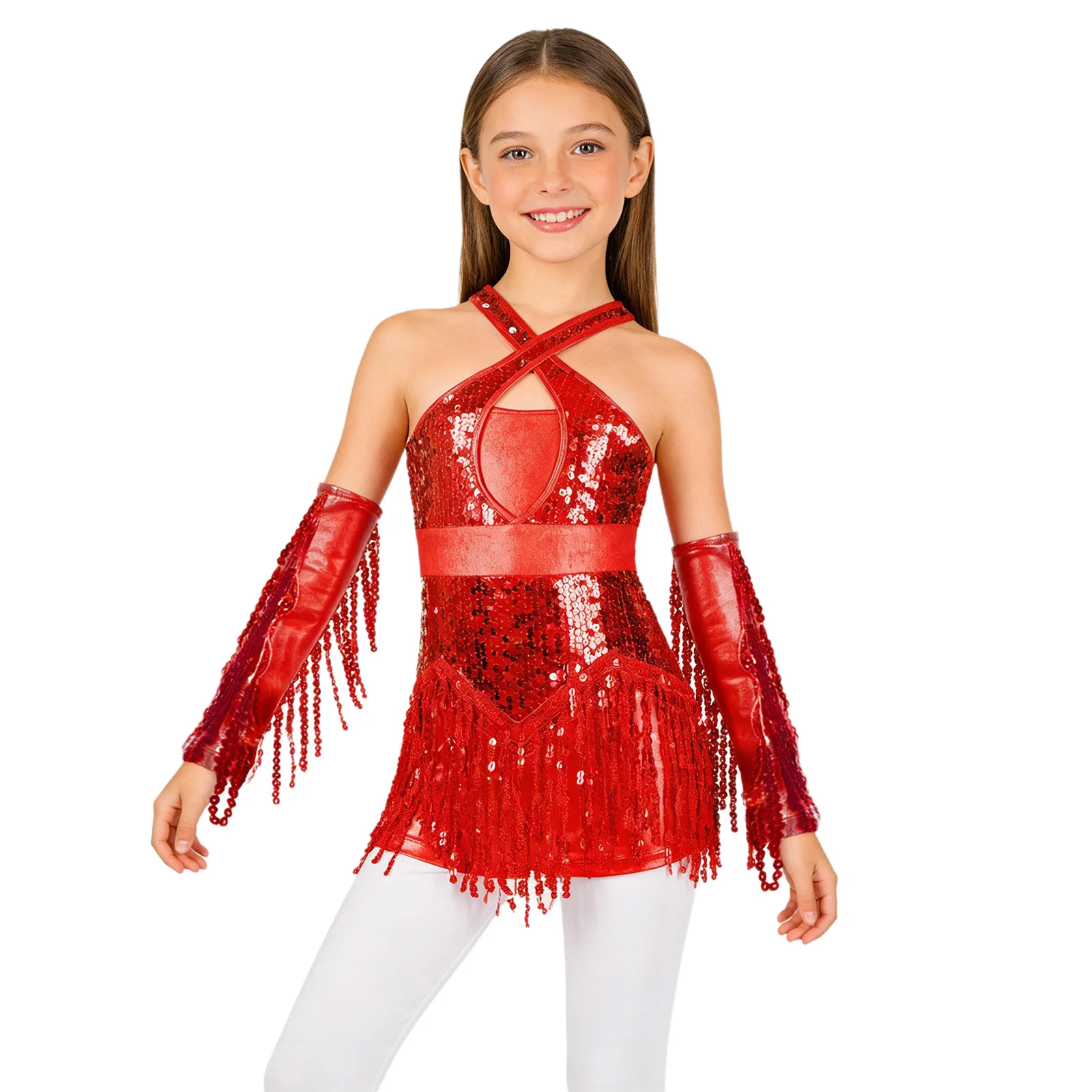 Kids Tango Latin Dance Costume Girls Fringed Cha-cha Dancewear Sparkly Sequins Tassel Cha-Cha Performance Leotard with Gloves