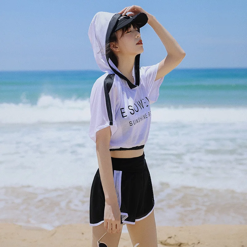 Women 3 Pieces Bikini Set Swimsuit Short Sleeve With Hat Cover Up Push Up Swimwear Bathing Suit High Waist Sports Shorts