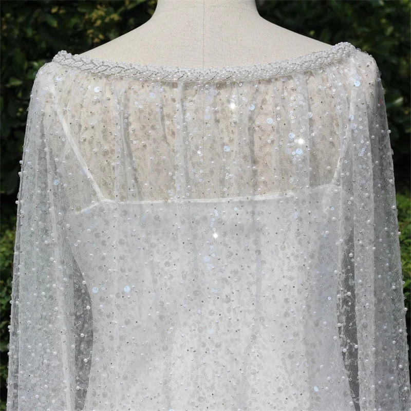 Luxury Beaded Pearls Sequins Wedding Bridal Draped Shoulder Cape Veils Wraps Long Unique Sparkly Starry Cathedral Long Shining