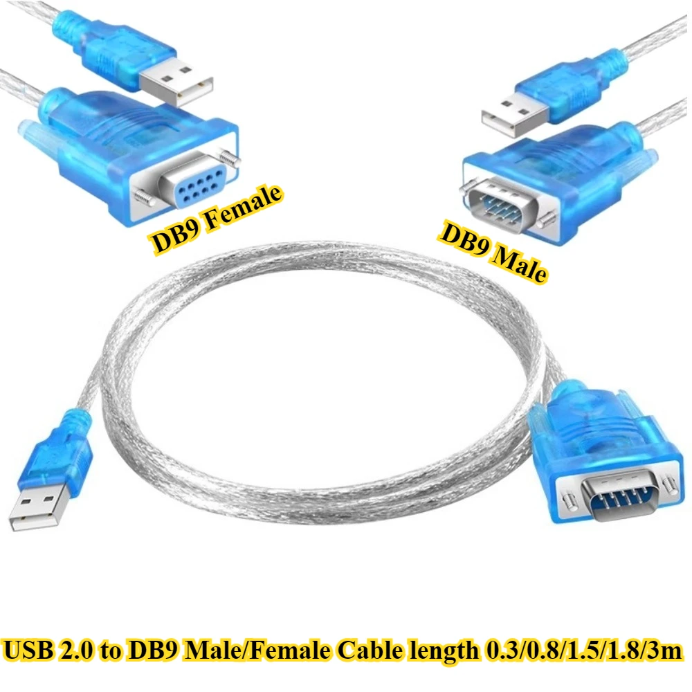 USB 2.0 to RS232 COM Serial Port DB9 9 Pin Male/Female Cable Length 0.3m/0.8m/1.5m/1.8m/3m Adapter Convertor For Windows 7/10/XP