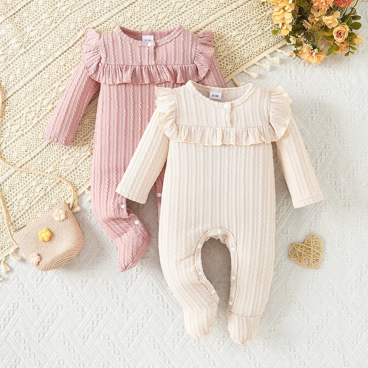 2Pcs Newborn Footed Romper, Cable Knit Ruffle Long Sleeve Baby Girl Jumpsuit Set 0-12M