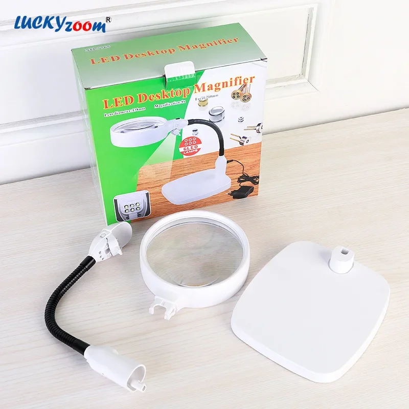 Large 6 Led 10X Magnifier Table Lamp 110-240V Illuminated Magnifying Glass Heavy Base Repair Jewelry Loupe Stable Reading Lupa