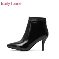 Winter Brand New Glossy Black Gray Women Ankle Dress Boots High Heels Lady Nude Shoes EA114 Plus Big Small Size 10 30 43 48